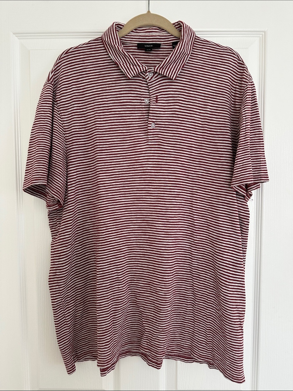 Vince Men's Burgundy and White Horizontal Stripe Polo